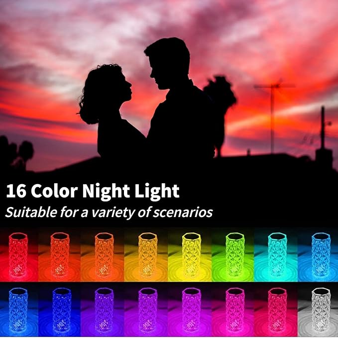 Crystal Lamp, Touching Control Table Lamp 16 Color Changing LED Rose Diamond Lamp River Silver Nightstand Night Light for Bedroom, Home Office, Bar Party, Christmas, Birthday Gifts (Large)