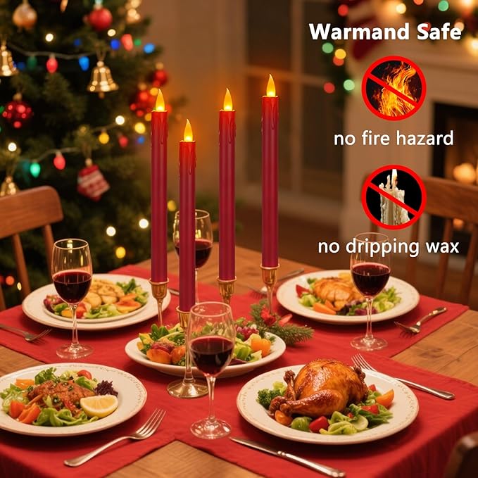 6 Pcs Burgundy Flameless Taper Candles with Remote, 10" White Battery Operated Led Candlesticks with Flickering 3D Flame, Fake Taper Candles for Halloween Anniversaries Dinner Home Décor