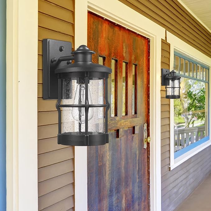 Outdoor Wall Sconces, Dusk to Dawn Outdoor Wall Lights, Exterior Wall Mount Lighting, Wall Light Fixture in Black Finish with Seeded Glass, 2 Pack, DDLTM-W-2Pack