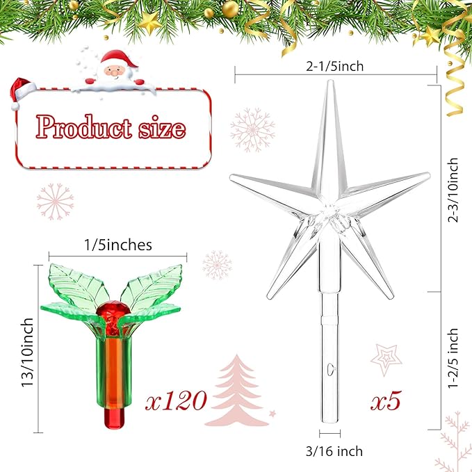 125 Piece Ceramic Christmas Tree Replacement Lights - Red Holly Bulbs & Star Toppers - Medium Size - Green & Red - Christmas & Occasion Decorations