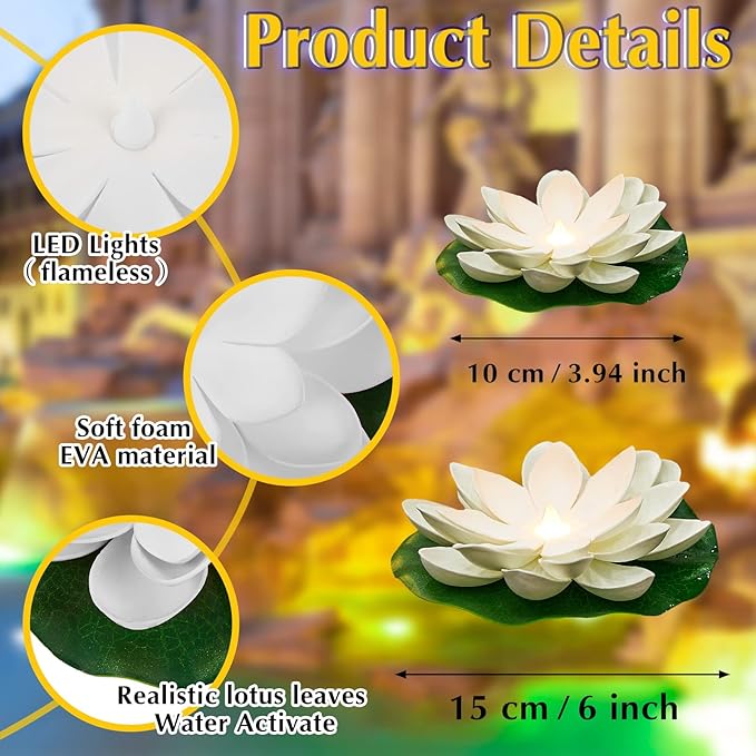 Hortsun 9 Pcs Floating Lotus Lights with Batteries Lily Pads Pool Flowers Floating Candles Decor Artificial Pond Plants Decorations for Pool Pond Outdoor Indoor (White,Yellow Light,3.94/5.91 Inch)