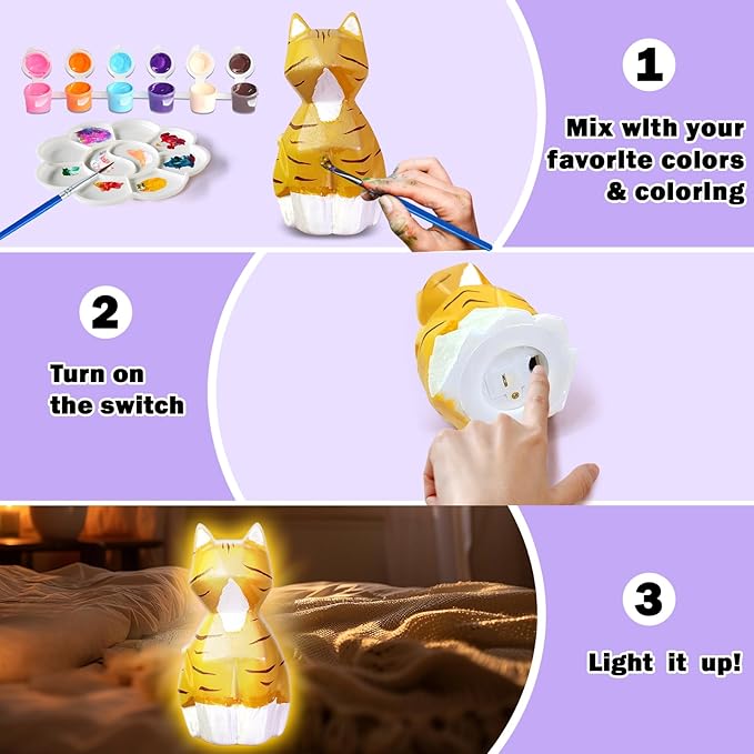FUNZBO 2pcs Paint Your Own Cat Lamp - Arts and Crafts Supplies Kitten Painting Kits for Kids Teens, DIY Night Light Toy for Toddlers Girls Boys Ages 3 4 5 6 7 8 9 10 11 12 13 Christmas Birthday Gifts