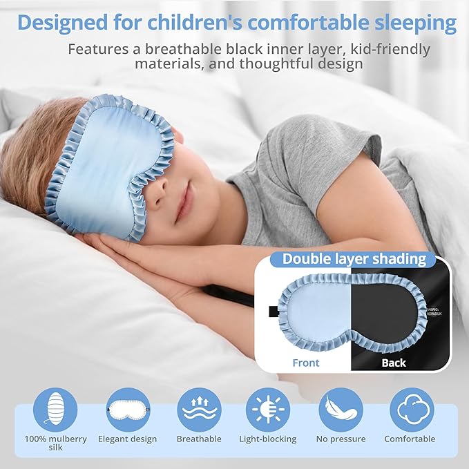 Kids Sleep Mask, 100% Real Mulberry Silk Eye Mask, Sleeping Mask for Kids with Adjustable Elastic Band, Soft & Light Blocking Eye Cover Gift for Boys Girls Teens Age 5+ (Blue)