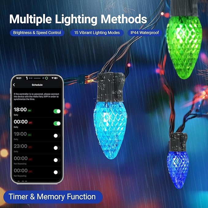 C9 Christmas Lights Outdoor, 49FT 50 LED RGB Color Changing Bulbs,App Bluetooth Music Sync, DIY Scenes & Timers, Connectable to 198FT, IP44 Waterproof Roofline Eaves Porch Fence Decorations