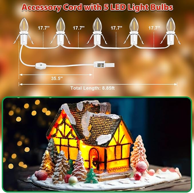 Christmas Village Lights with 5 LED Bulbs, 9ft Accessory Cord with C7 LED Light Bulbs for Halloween Pumpkin, Blow Mold, Christmas Villages Houses, Ceramic Trees, Craft Projects