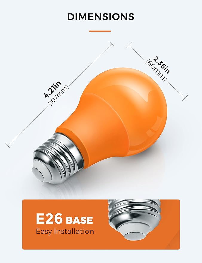 L LOHAS LED Halloween Orange LED Light Bulbs Outdoor, A19 9W(60W Equivalent) Orange Colored Light Bulb, E26 Base, Non-Dim, 4-Pack