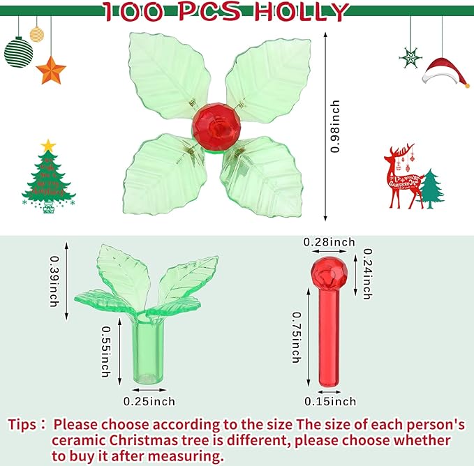 Jutom 100 Pcs Ceramic Christmas Tree Replacement Lights Plastic Vintage Green and Red Holly Ceramic Christmas Tree Lights for Halloween Christmas Ornament