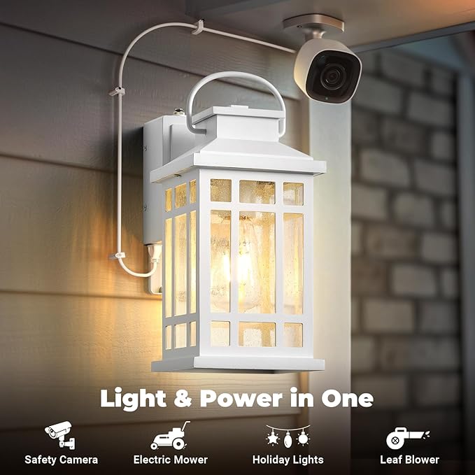 White Dusk to Dawn Outdoor Lighting with GFCI Outlet, Exterior Light Fixtures with Bubble Glass, Modern Outside Lights Wall Mount for House Patio Garage, Aluminum Waterproof Anti-Rust