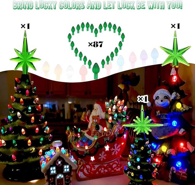 Ceramic Christmas Tree Replacement Lights Bulbs, Green Medium Twist Plastics Pegs Ornaments for Ceramic Tree(87 Bulbs＆ 3 Topper Star)