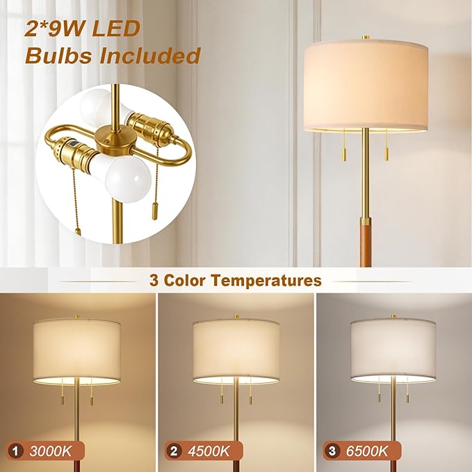 61" Wood Floor Lamp for Living Room 2-Light Standing Tall Lamps Mid Century Modern Floor Lamps for Bedroom Office Nursery Corner Industrial Reading Room Lamp, 3 Color Temperatures 9W Bulbs Included