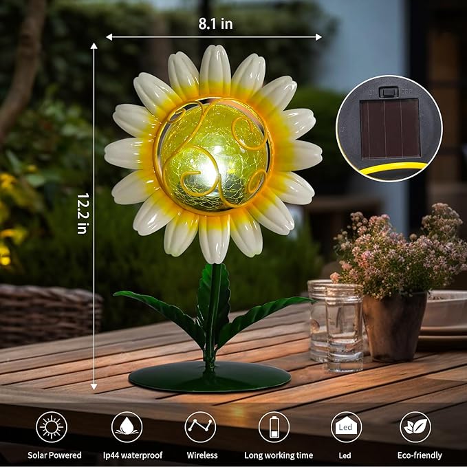 MUMTOP Solar Lanterns Outdoor - Sunflower Solar Lights Decorative, Tabletop Lantern Lamp Ornaments with Cracked Glass for Yard Patio Garden Outside Decorations