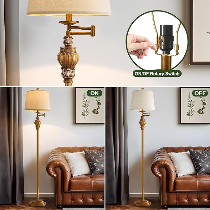 61" Vintage Floor Lamp | 350° Adjustable Swing Arm | Gold Standing Lamp | Mid Century Retro for Bedroom & Living Room