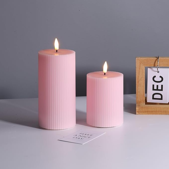 Pink Ribbed Flameless Pillar Candles with Remote, Flickering LED Wax Candles Battery Operated Set of 2