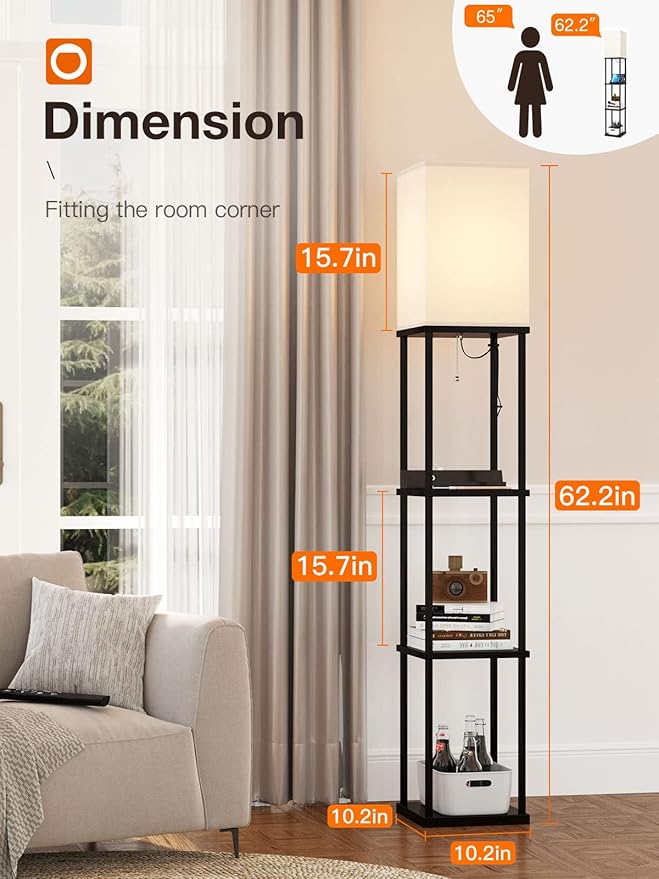 addlon Shelf Floor lamp with 2 USB Ports and Power Outlet, Remote Control Floor lamp for Living Room with 3 Color temperatures led Bulb, Display lamp for Bedroom and Office - Black