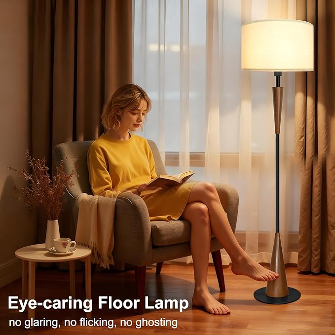 Floor Lamp for Living Room, Wood 3 Color Temperatures & Linen Shade, Modern Reading Standing Lamp with 9W LED Bulb, Mid Century Night Light for Farmhouse, Bedroom, Office
