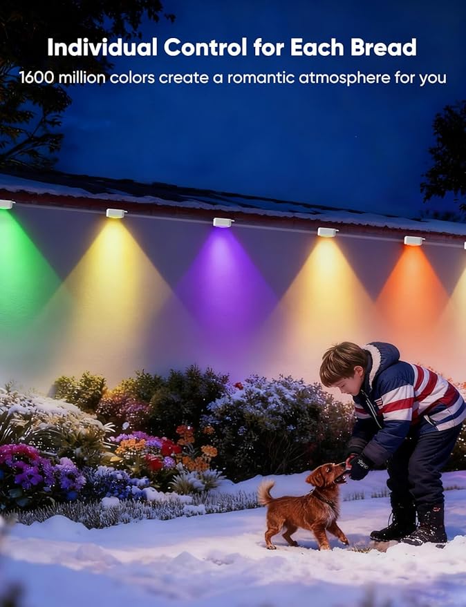 APPECK Permanent Outdoor Lights 200ft with 144 LED Lights, 72W Smart RGBW Eaves Lights, DC 36V, 40LM, IP67 Waterproof String Lights for Halloween Christams Decor, Compatible with Alexa, White