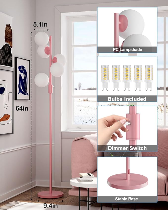 Lightdot Dimmable (Brightness Adjustable) Globe Floor Lamp, Retro Pink Pole Standing Lamps with 5PCS Bulbs Included, Mid Century Modern Floor Lamp for Living Room/Bedroom/Sofa Beside/Corner Decor