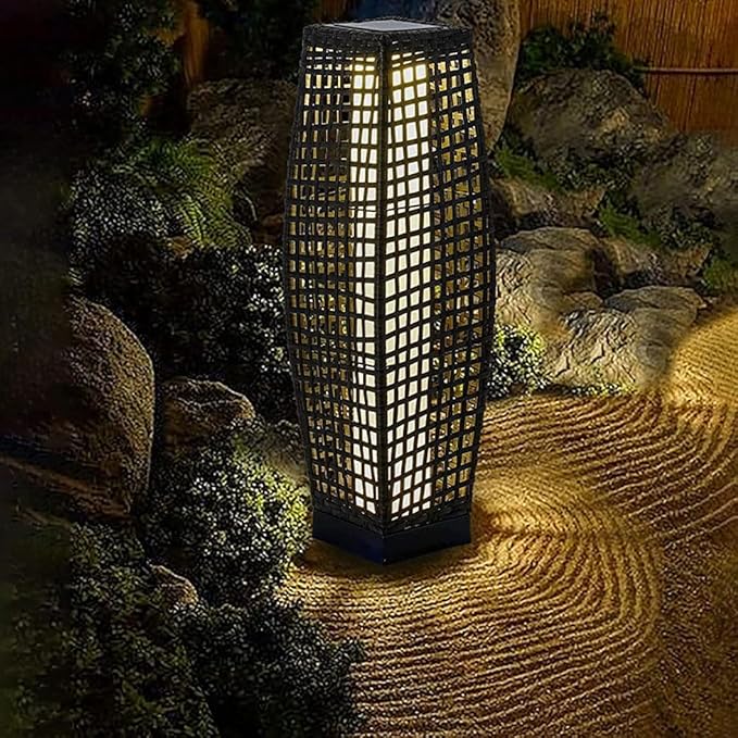 Outdoor Solar Powered Floor Lamps, Waterproof Handmade Rattan Wicker Floor Lamps, Auto On/Off, Led Light, Outdoor Decorative Lanterns for Driveway Lawn Patio Garden Yard