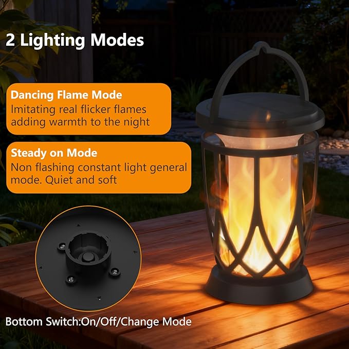 Solar Lanterns Outdoor Waterproof ,2 Pack Flickering Solar Flame Lights Upgraded Hanging Flame Lantern Pathway Torch Light Table Lamp, Auto On/ Off Porch Yard Gifts(2 Lighting Modes)