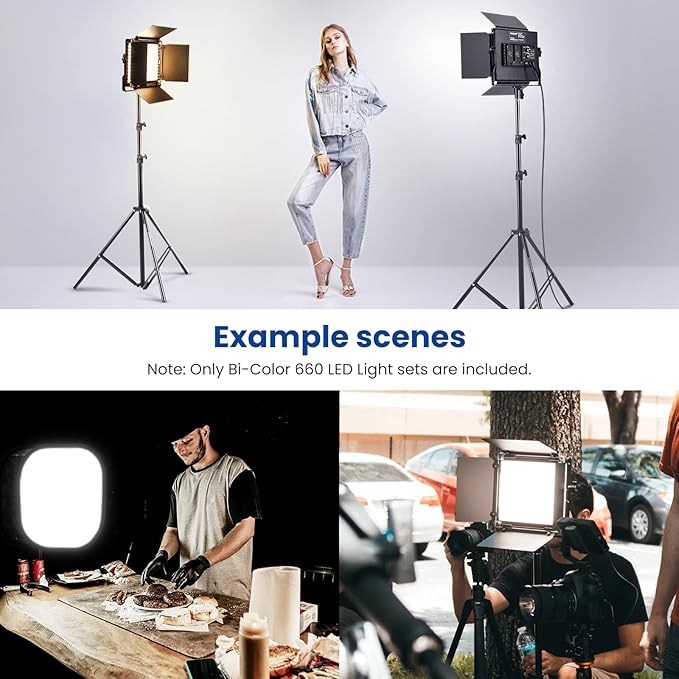 NEEWER 2 Pack Bi Color 660 LED Video Light and Stand Kit: (2) 3200-5600K CRI 96+ Dimmable Light with U Bracket and Barndoor, (2) 75 inches Light Stand for Studio Photography, Video Recording (Black)