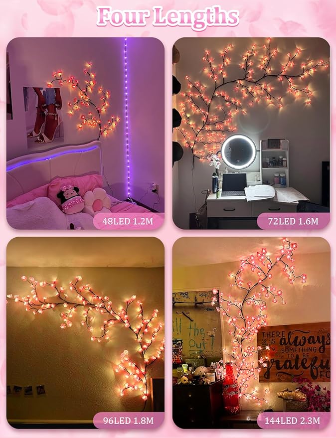 5.25 FT 72 LED Cherry Blossom Tree Branch Lights for Wall,8 Modes Artificial Pink Cherry Blossom Garland with Remote and Timer,Willow Vine Lights for Bedroom,Sakura Wall Decor