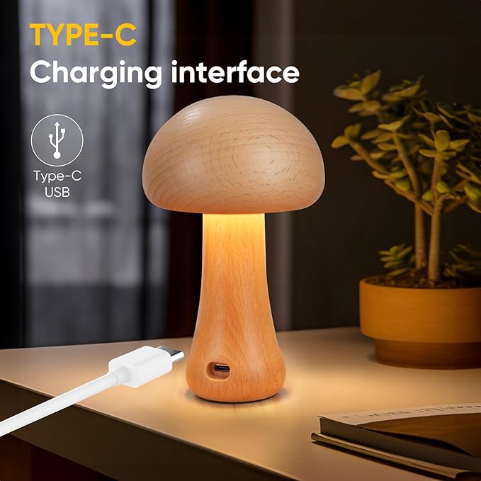 Small Wood Mushroom Lamp, LED Cordless Bedside Touch, Portable Dimmable Battery Mushroom Lamp for Bedroom Nightstand