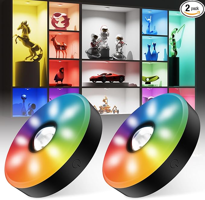 Rechargeable Puck Lights with Remote Control, 12 Color Changing Under Cabinet Lighting, Wireless RGB tv Led lights for bedroom & Closet, Dimmable Magnetic under counter lights for kitchen, Shelf,Party