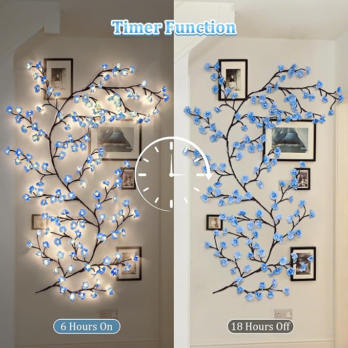 Blue Cherry Enchanted Willow Vine Lights,4FT 48 LED Cherry Blossom Lights with Remote Timer,8 Lighting Modes,LED Tree Branch Light for Wall,Cherry Blossom Wall Decor for Bedroom Living Room Windows