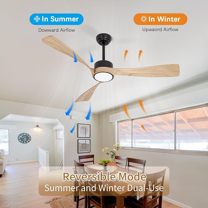 Ceiling Fan with Lights,52 Inch Wood Ceiling Fans with Remote Control,Dimmable Light,3 CCT,6 Speeds,Noiseless DC Motor,2 downrod,Ceiling Fan for Bedroom,Living Room,Office,Indoor,Natural Wood Grain