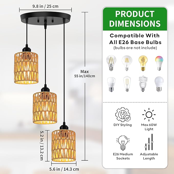 3 Light Pendant Lighting, Farmhouse Hanging Light Fixture for Kitchen Island & Dining Room, Industrial Vintage Ceiling Lamp with E26 Base, Adjustable Height, Rattan Pendant Light