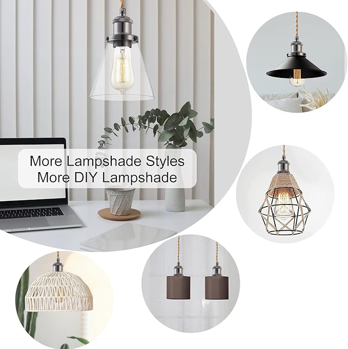 Industrial Mini Pendant Light Kit, E26 Socket Pendant Hanging Light, Hemp Rope Vintage Hanging Pendant Light Cord, Adjustable Pendant Lights Ceiling Mount Kitchen Island Farmhouse