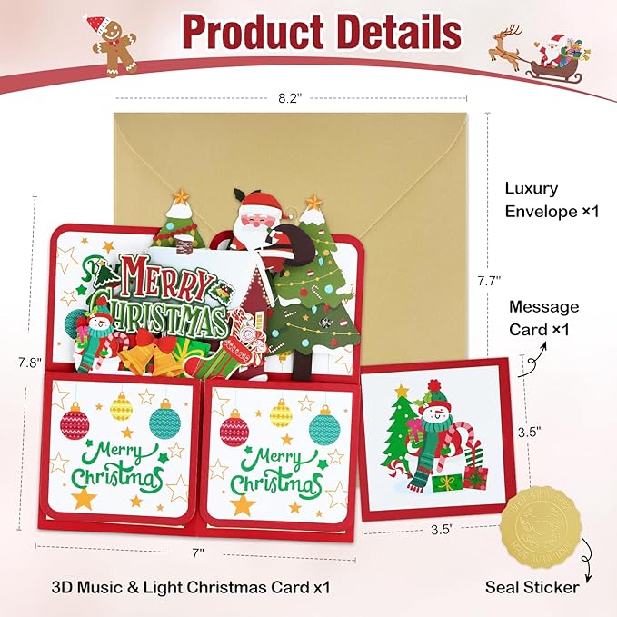 FaCraft Musical Christmas Cards, with Lights and Music, Handmade 3D Light Up Merry Christmas Card Gift, with Envelope, Blank Insert and Seal, for Winter, Holidays, New Year (Santa)