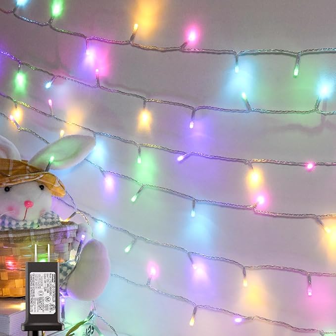 Easter String Lights, Pastel Easter Lights Plug in with Timer 8 Lighting Modes 32ft 100LED Transparent Wire Fairy Lights for Easter Decorations Garland Outdoor Indoor Party