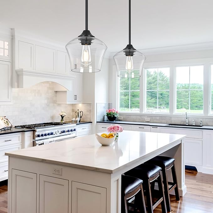 1-Pendant Lights Kitchen Island, Hand Blown Glass Pendant Light Fixtures, Metal Light Fixtures Rod Ceiling Ceiling Lighting for Kitchen Island Dining Room Bar