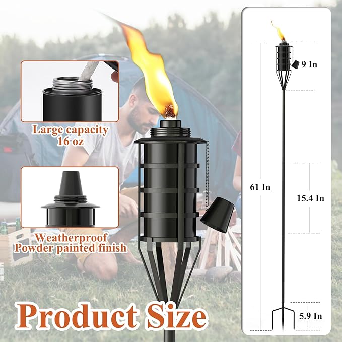Upgraded Citronella Garden Torch Set of 2, Large Capacity 16oz Metal Torch for Outside, 59.5 Inch Black Home Torches with 3-Prong Grounded Stake,Metal Flame Torch Light for Party Patio Pathway