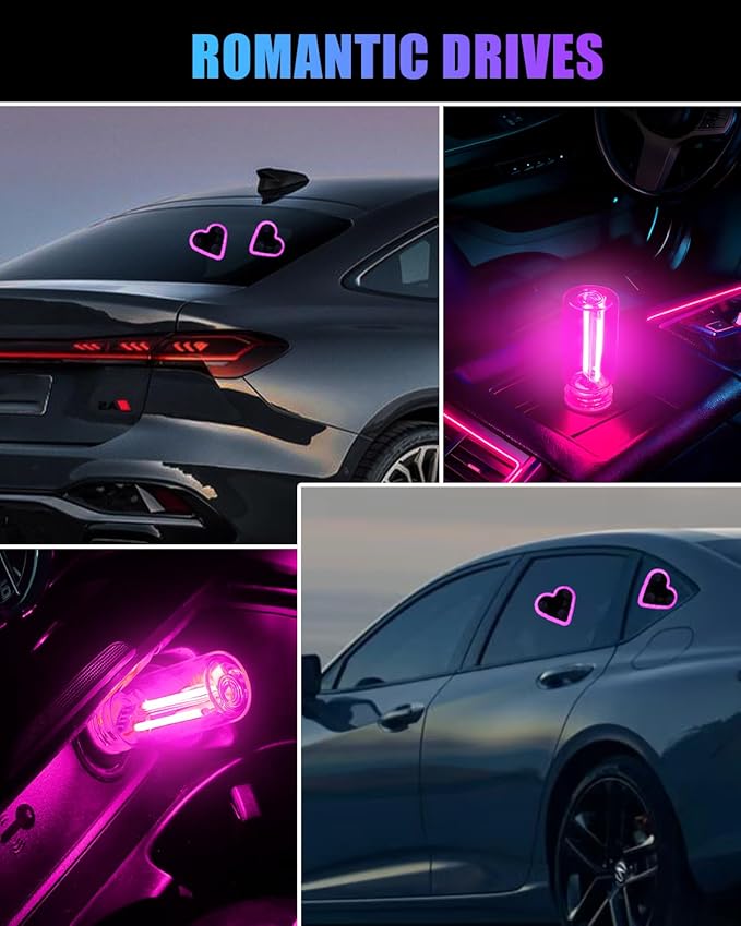 Valentines Day Decorations Car LED Interior Lights, Solar & Type-C Rechargeable Heart-Shaped Car Ambient Lights, 2 PCS Heart Lights & 2 PCS Mini USB Lights, Pink Car Decorations