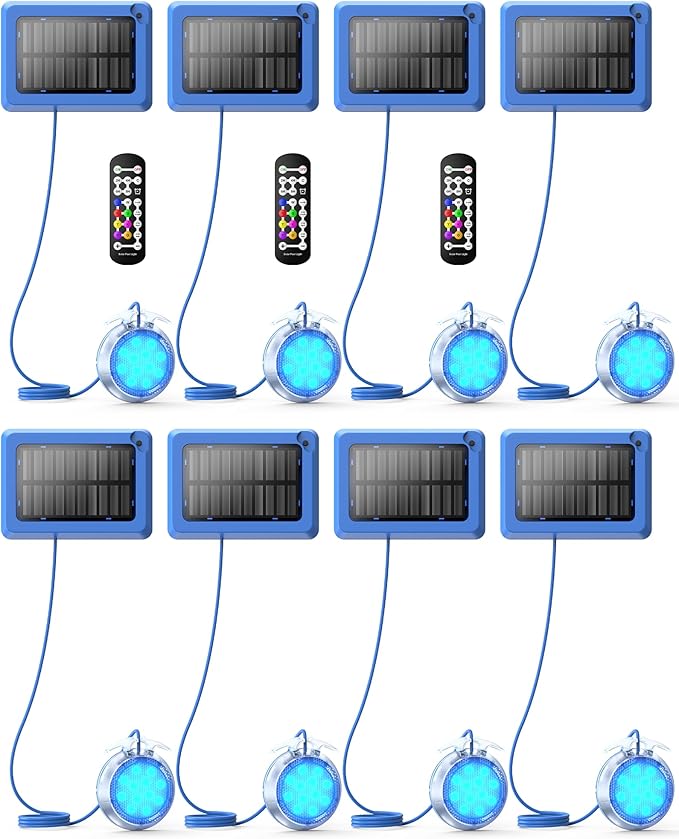 Solar Pool Lights,Underwater IP68 Pool Lights with Remote Control,1800mAh Solar Powered Panel with Brighten 48LM, Color Changing for Above Ground Pools/Inground Pools-8 Pack-Blue