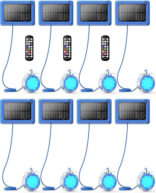 Solar Pool Lights,Underwater IP68 Pool Lights with Remote Control,1800mAh Solar Powered Panel with Brighten 48LM, Color Changing for Above Ground Pools/Inground Pools-8 Pack-Blue