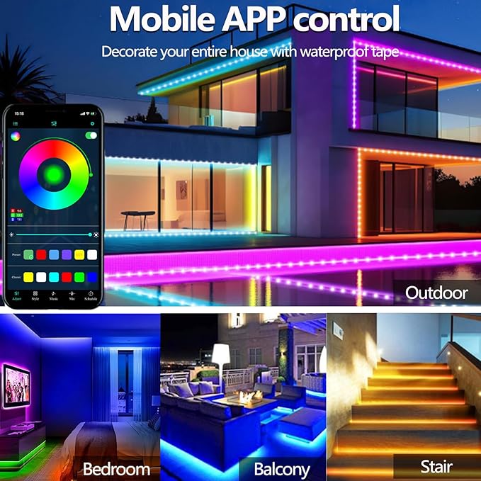 32.8FT LED Strip Lights IP68 Outdoor Waterproof, 5V USB Powered, Music Sync Bluetooth APP/RF Remote Control Lights for Balcony,Deck,Camping,Garden,Bedroom Decor