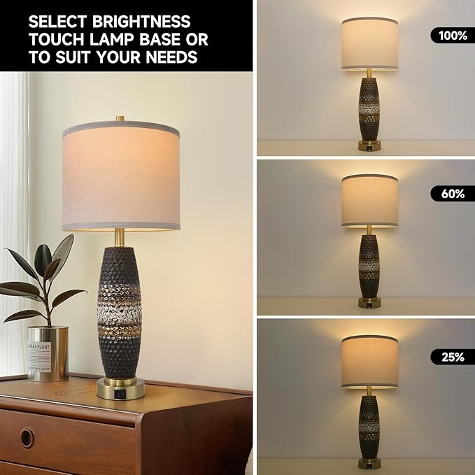 Terpsichore 3 Way Dimmable Farmhouse Table Lamps Bedroom Touch Bedside Lamp Modern Glazed Ceramic Lamp 2 Set with Fabric Shade,USB Type-C Port for Bedroom,Reading,Desk,Living Room,Office