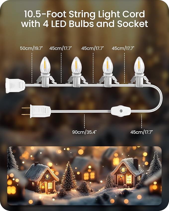 2Pack Christmas Village Lights, Decoration String Lights 10.5Ft with 4 C7 LED Bulbs, Warm, with Male and Female Plugs, for Christmas Snow House,Pumpkin Crafts,Holiday Decoration W03VLP205