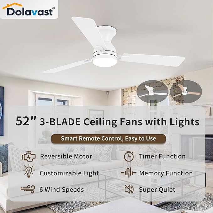 Ceiling Fans with Lights and Remote, 52 Inch Ceiling Fan with Light, Low Profile Reversible Ceiling Fans, Dimmable LED, Flush Mount, Quiet, DC Motor, White Ceiling Fan for Bedroom, Office