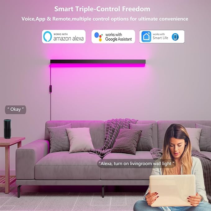 Smart LED Wall Sconce Alexa & Google Home Compatible, 35.4" Plug-in/Hardwire RGBCW Wall Mount Light Bar, Color Changing & White Dimmable, Modern Wall Lamp for Bedroom, Living Room Decor, 1pcs