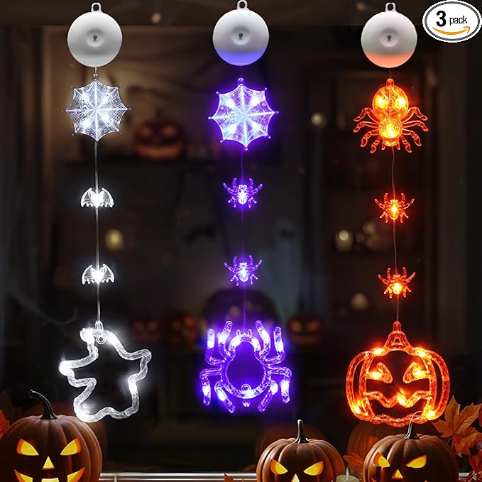 suddus 3 Pack Halloween Window Lights with Suction Cup- Battery Operated Lights Indoor with Timer - Orange Pumpkin, Purple Spider & White Ghost Decorations for Party, Room, Window, Door, Wall, Indoor