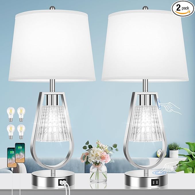 VerRon Table Lamp with Night Light Set of 2, Touch Control Bedside Lamps with 2 USB Ports, Dimmable Nightstand Lamps for Bedroom, Living Room Table Lamps with White Shade & 4 Bulbs, Brushed Nickel