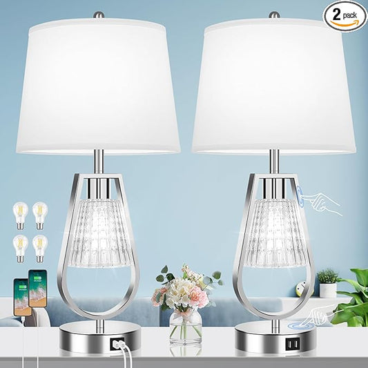 VerRon Table Lamp with Night Light Set of 2, Touch Control Bedside Lamps with 2 USB Ports, Dimmable Nightstand Lamps for Bedroom, Living Room Table Lamps with White Shade & 4 Bulbs, Brushed Nickel