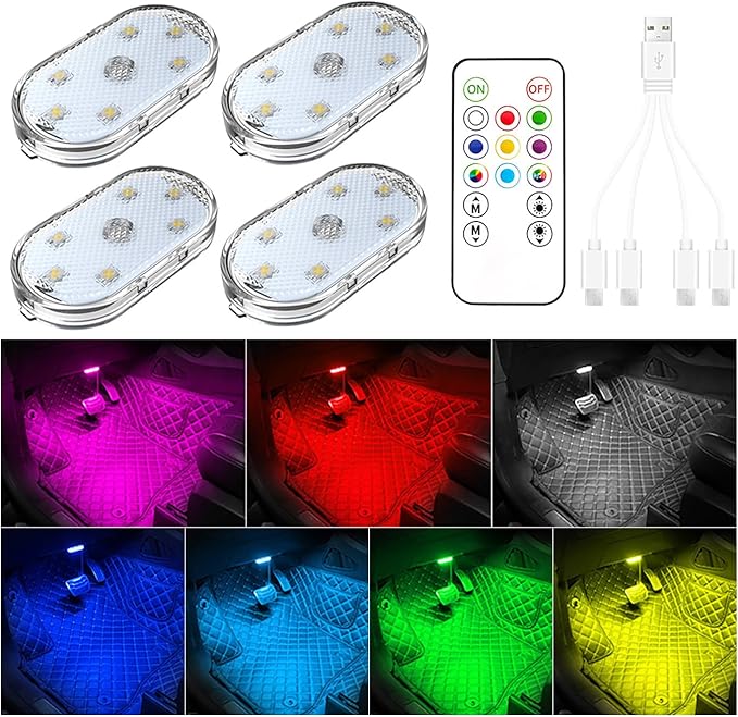 4 PCS Car Led Lights Interior,7 Colors Ambient Lighting Car Interior,USB Rechargeable Car Interior Reading Light,Portable Led Lights for Car