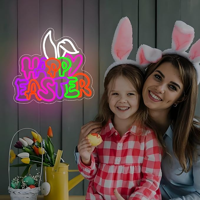 Happy Easter Neon Sign, Easter Neon Bunny Ears Neon LED Lights, Easter Wall Decor Party Home Room Decor, Wall Decor, Easter Gift for Kids