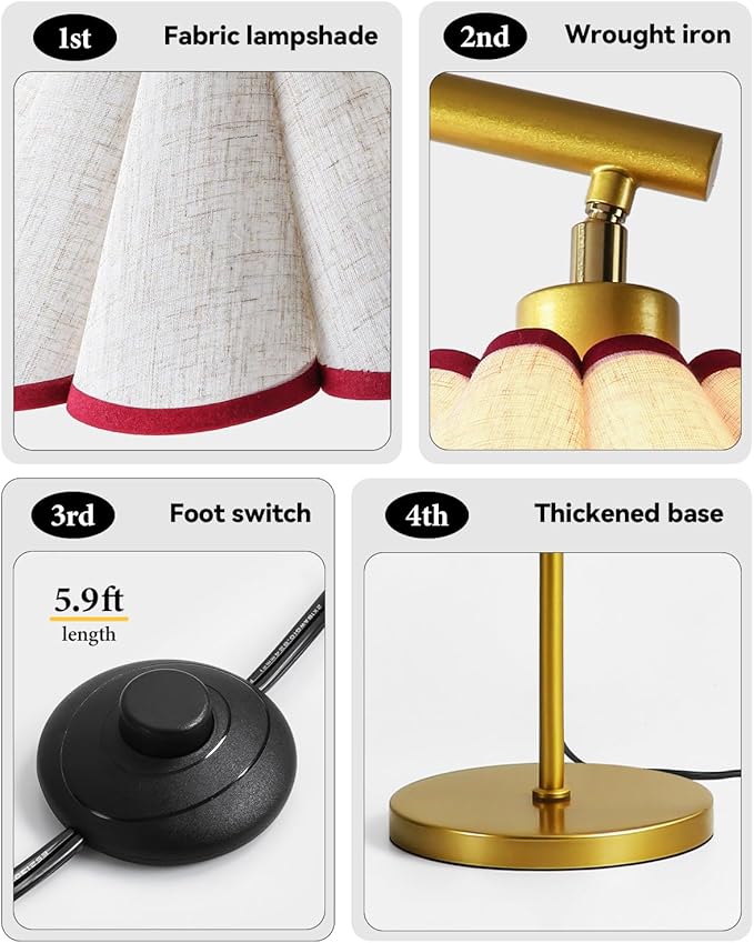 Floor Lamp with Pleated Linen Lampshade, Modern Flower Floor Lamp for Living Room Arc Standing Lamp, Gold Tall Lamp for Bedroom Office Dining Room, Bulb Included (Gold + Red, 65IN)
