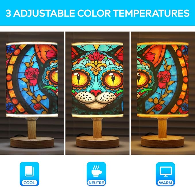 Cat Sugar Skull Table Lamp LED 3-Color Pressed Bedside, Cat Sugar Skull Shade Lamp with Wood Base for Bedroom Living Room Desk Office TL01